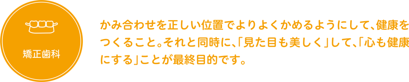 矯正歯科 かみ合わせを正しい位置でよりよくかめるようにして、健康をつくること。それと同時に、「見た目も美しく」して、「心も健康にする」ことが最終目的です。